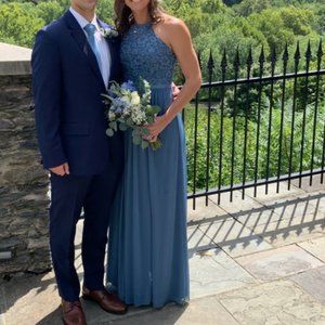 Davids Bridal long dress in steel blue, lace top and mesh bottom